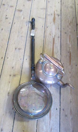 COPPER BED WARMER AND A COPPER KETTLE Image