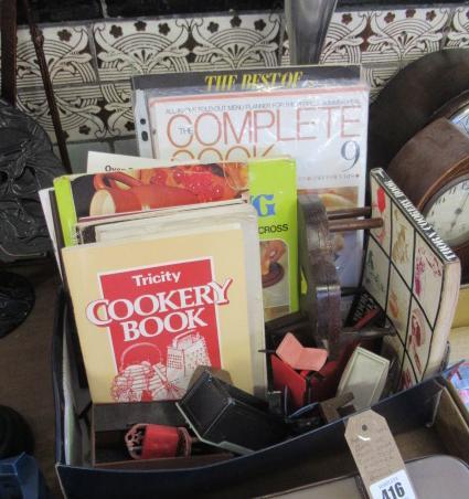 BOX OF DOLLS HOUSE FURNITURE AND VINTAGE COOKERY BOOKS Image