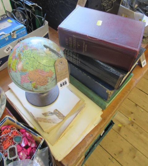 FOUR BOOKS TABLE GLOBE AND TWO UNFRAMED MAPS Image