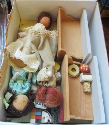 BOX OF WOODEN DOLLS AND ACCESSORIES Image