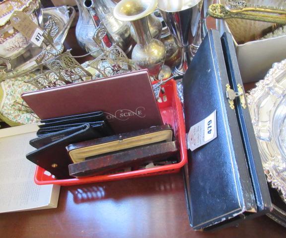 SMALL BOX OF MISCELLANEOUS ITEMS INCLUDING TWO GOLD NIBBED FOUNTAIN PENS Image