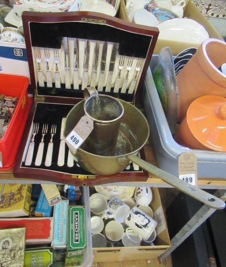 BRASS PAN TANKARD AND MOTHER OF PEARL HANDLED CUTLERY Image