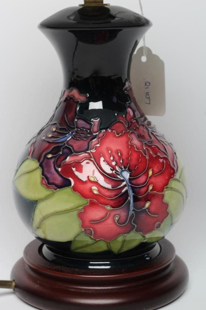 A MOORCROFT POTTERY SPIDER FLOWER PATTERN ELECTRIC TABLE LAMP BASE, modern, of squat baluster form Image