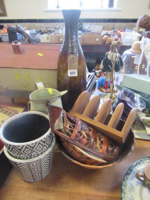 QUANTITY OF WOODEN ITEMS TWO PLANT POTS AND A JUG AND VASE Image