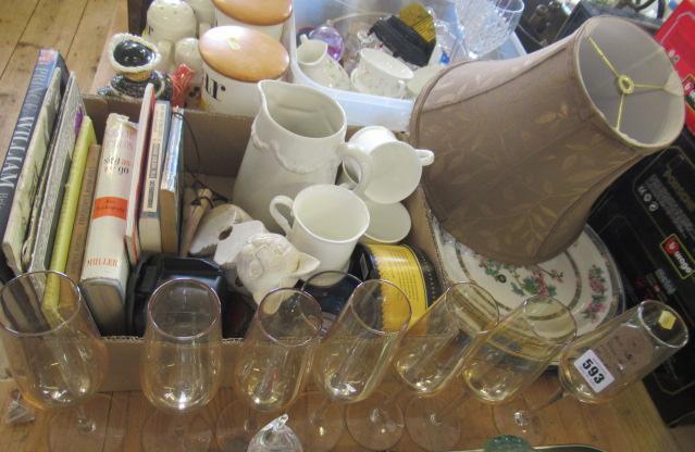 BOX OF MISCELLANEOUS ITEMS INCLUDING PLATES AND CHAMPAGNE GLASSES Image