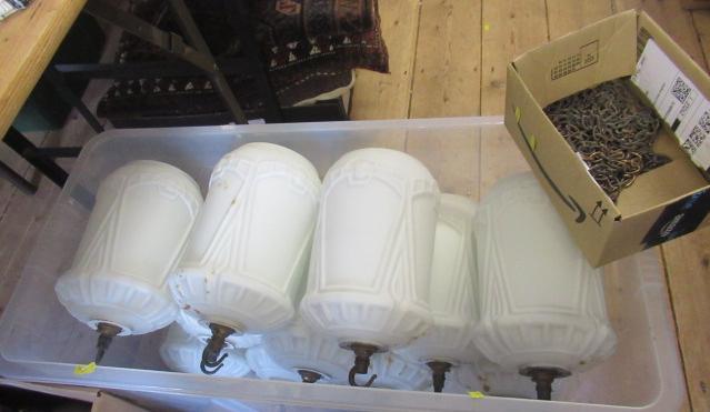 SET OF ELEVEN ANTIQUE GLASS SHADES SOME WITH CHAINS Image