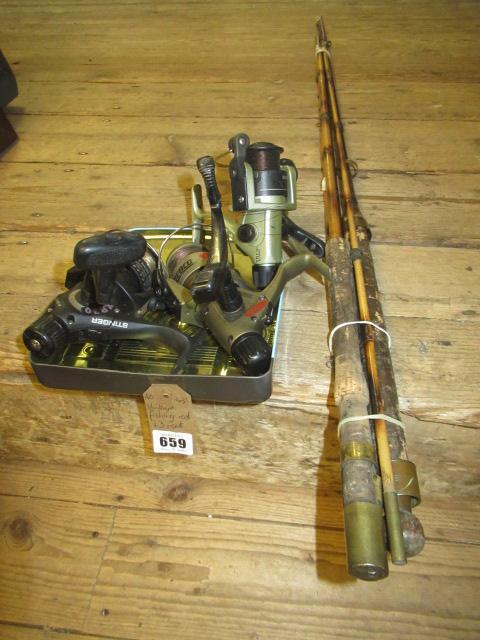 VINTAGE FISHING RODS AND THREE REELS Image