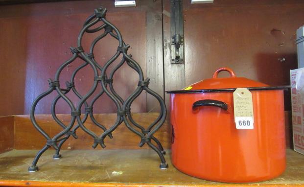 ENAMEL BREAD BIN AND METAL WINE RACK Image