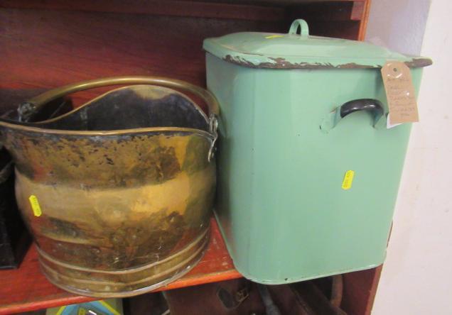 COAL BUCKET GREEN RETRO BREAD BIN AND QUANTITY OF TIN PLATES Image