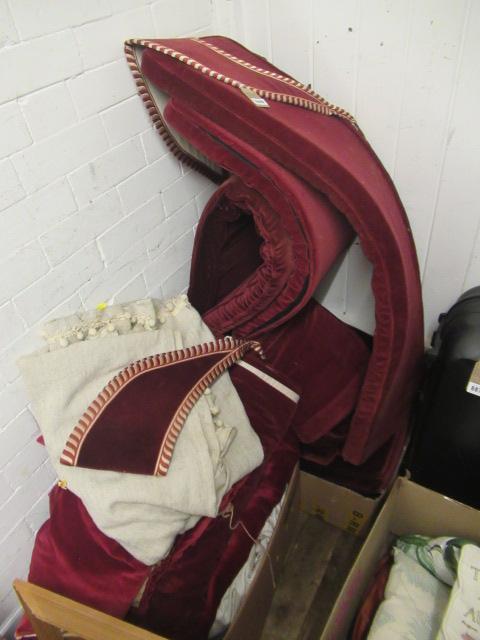 PAIR OF RED VELVET CURTAINS, PELMET, BENCH / WINDOWSEAT CUSHIONS ETC Image