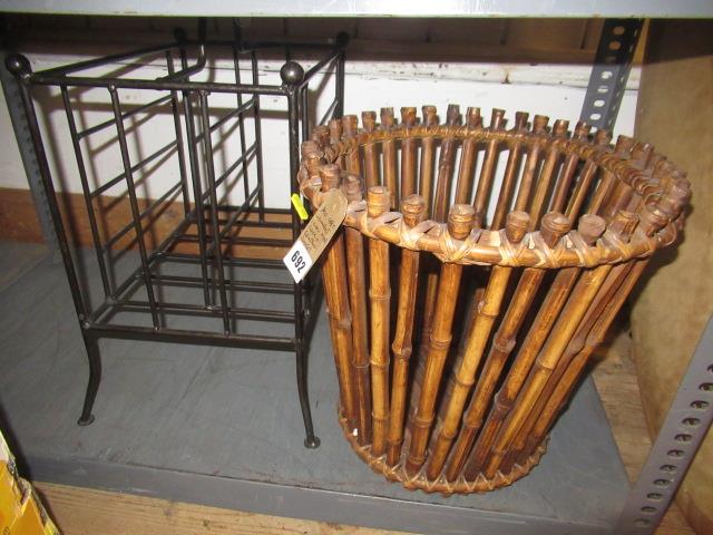 METAL MAGAZINE RACK AND A BAMBOO BASKET Image