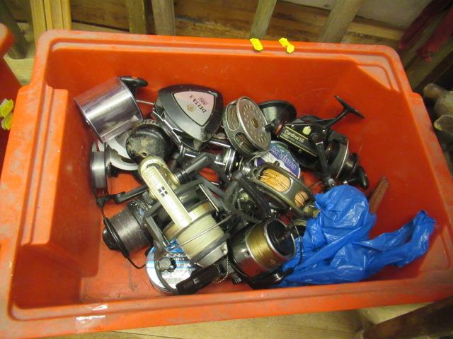 CRATE OF FISHING REELS ETC Image