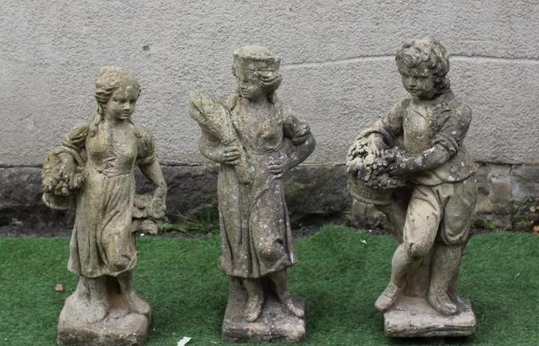 SET OF THREE CAST STONE ALLEGORICAL FIGURES OF SPRING SUMMER AND AUTUMN, 30" HIGH Image