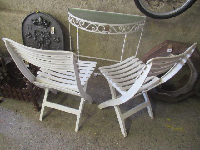 GLASS TOP SEMI CIRCULAR TABLE AND TWO CHAIRS Image