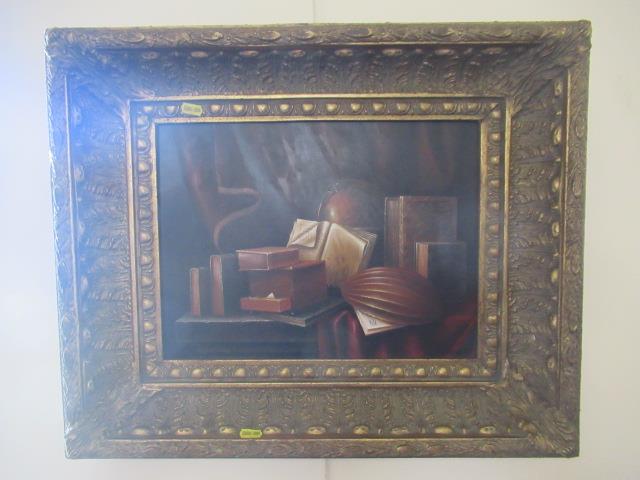 ORIGINAL PICTURE OF BOOKS A LUTE AND A TABLE GLOBE SIGNED Image
