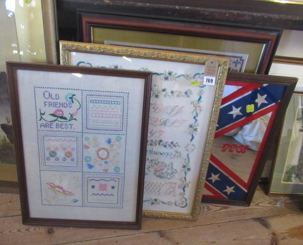 THREE FRAMED NEEDLEPOINTS AND AN ELVIS PRESLEY MIRROR Image