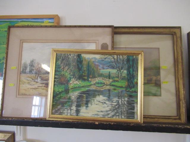 TWO FRAMED WATERCOLOURS AND AN OIL ON BOARD Image