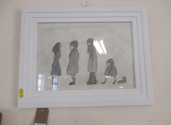 PENCIL DRAWING BY JAMES TRUEMAN FOUR FIGURES AND A CAT Image