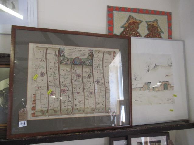 OXFORD TO CAMBRIDGE STRIP MAP WATERCOLOUR AND A BATIK PICTURE Image