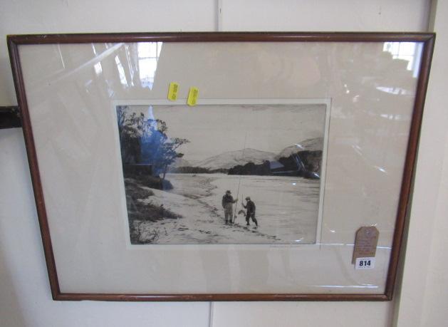 FRAMED SIGNED NORMAN WILKINSON FISHING ETCHING Image