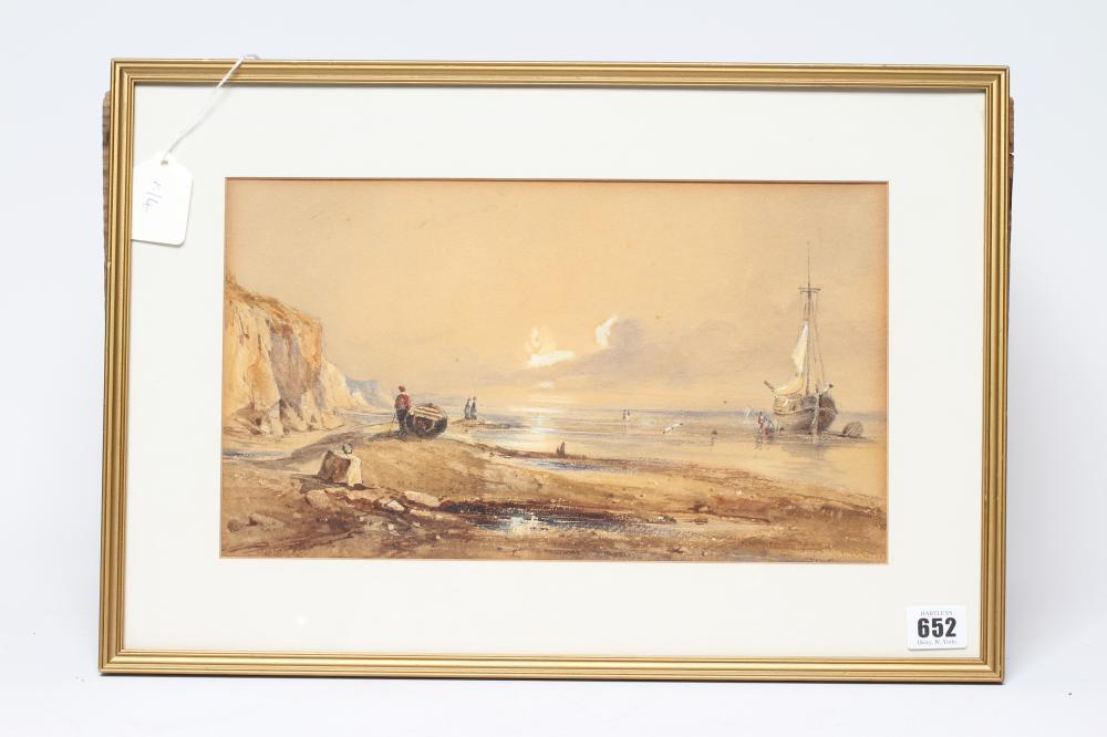 CIRCLE OF RICHARD PARKES BONNINGTON WATERCOLOUR AND PENCIL COASTAL SCENE WITH FIGURES, UNSIGNED, 8" Image