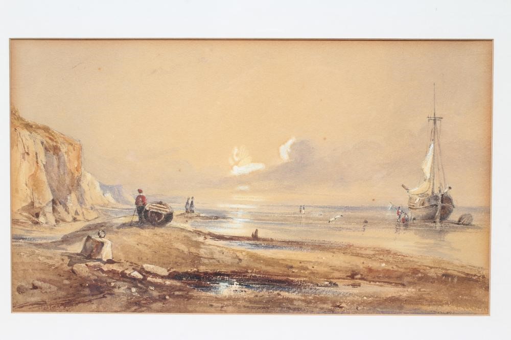 CIRCLE OF RICHARD PARKES BONNINGTON WATERCOLOUR AND PENCIL COASTAL SCENE WITH FIGURES, UNSIGNED, 8" Image