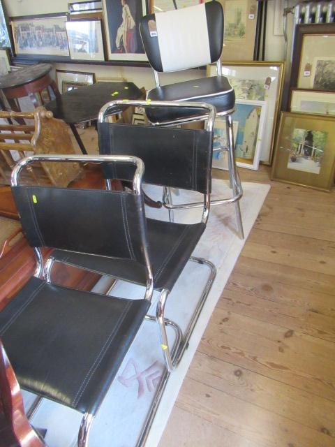 PAIR OF LEATHER AND CHROME CHAIRS WITH A VINYL AND CHROME BAR STOOL Image