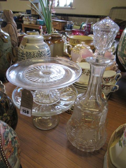VICTORIAN GLASS DECANTER AND TWO CAKE STANDS Image