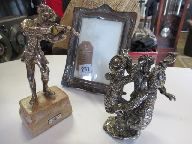 TWO WHITE METAL FIGURE GROUPS AND A PHOTO FRAME Image