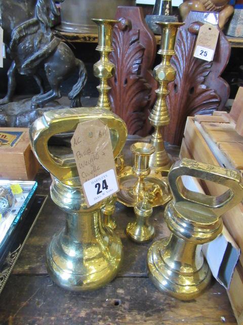 BRASS WEIGHTS AND CANDLESTICK Image