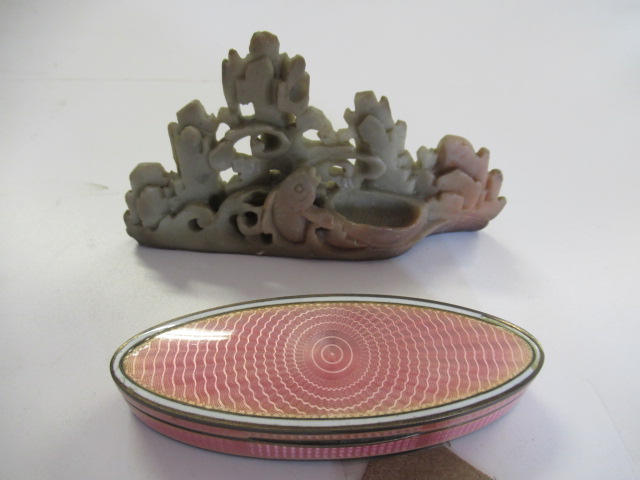 ENAMELLED SILVER BOX AND A SMALL SOAPSTONE CARVING Image