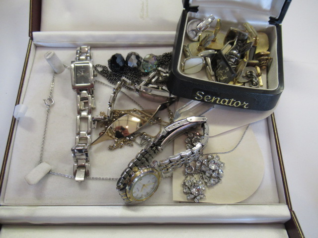 CASE OF COSTUME JEWELLERY WATCHES AND BOX OF CUFFLINKS ETC Image