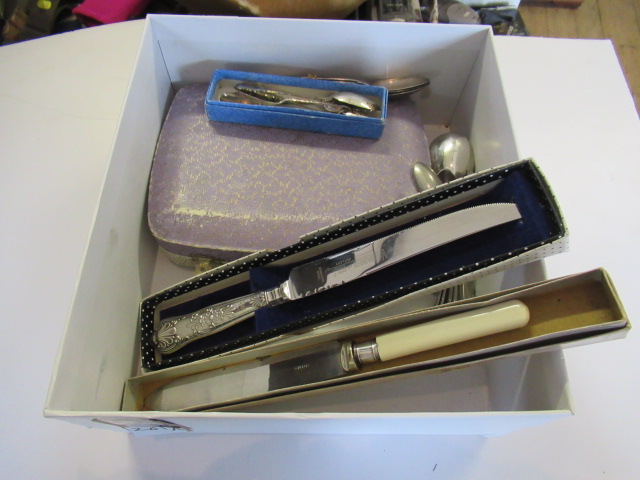 BOX OF SILVER AND PLATED CUTLERY Image
