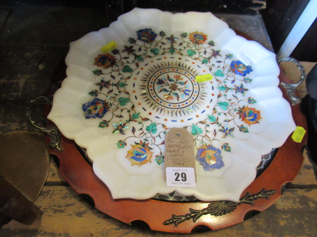 WOODEN AND LACE TRAY AND AN INLAID STONE TRAY Image