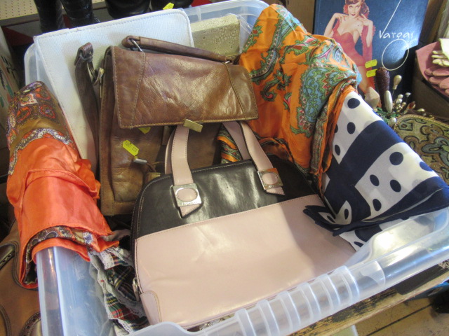 BOX OF HANDBAGS SCARVES AND HANDKERCHIEFS ETC Image