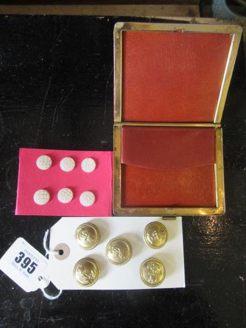 SET OF SIX CARVED MOTHER OF PEARL SHIRT STUDS FIVE NAVAL BRASS BUTTONS AND A CASE Image