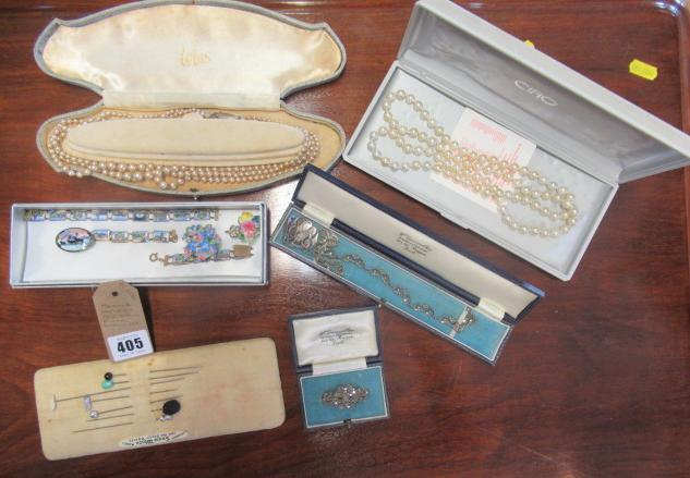 MARCASITE NECKLACE AND CLIP SILVER AND ENAMEL BROOCH ETC Image