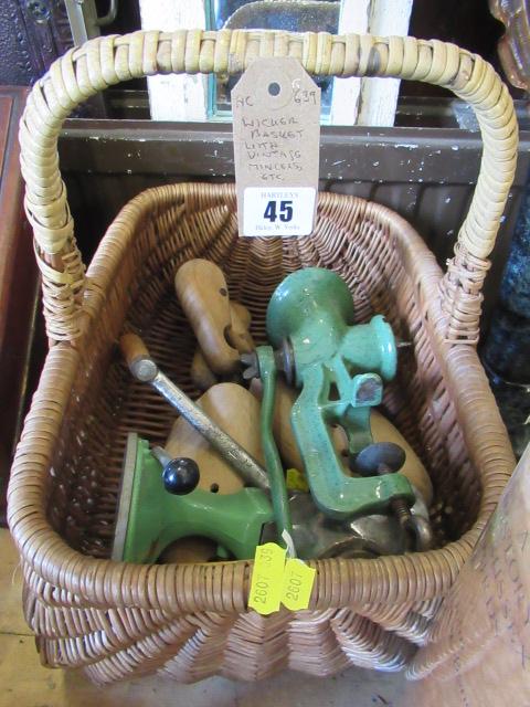 WICKER BASKET WITH VINTAGE MINCERS ETC Image