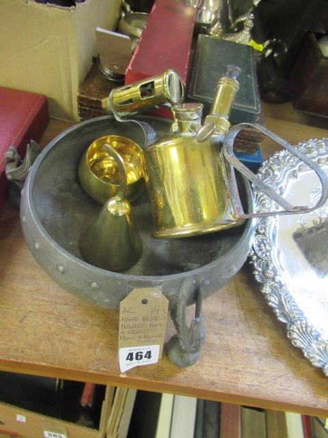 HAND BEATEN PEWTER BOWL AND BRASS BELL ETC Image