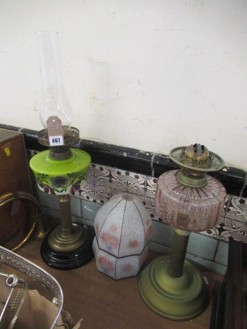 TWO OIL LAMPS AND TWO GLASS LAMP SHADES Image