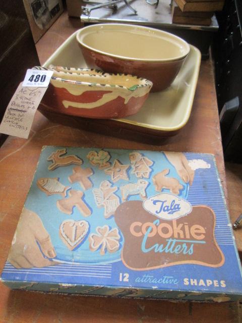 THREE STONEWARE ITEMS AND A BOX OF VINTAGE COOKIE CUTTERS Image