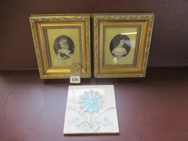 PAIR OF MINIATURE CHILD PORTRAITS AND TILE Image