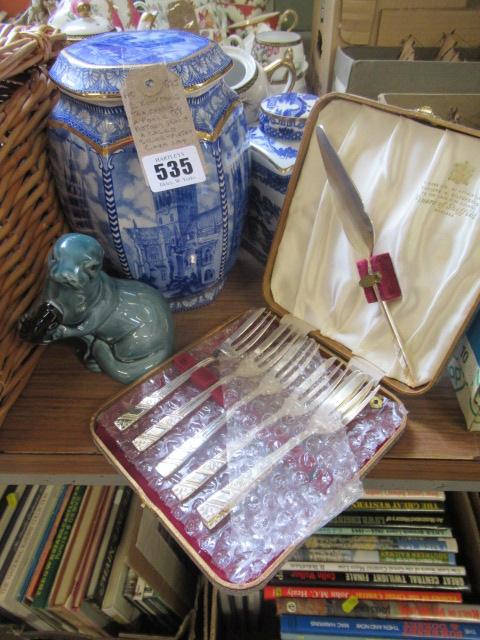 TWO RINGTONS TEA CADDIES POOLE POTTERY SEAL AND CASED EPNS CAKE FORKS Image