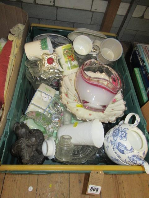 BOX OF CERAMICS AND CUT GLASS INCLUDING CAKE STANDS ETC Image