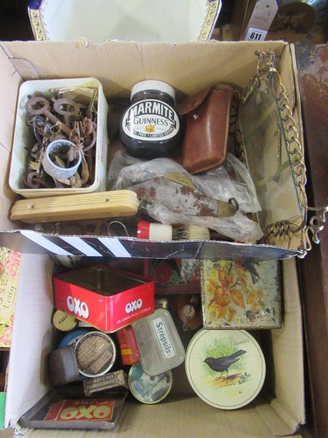BOX OF MISCELLANEOUS ITEMS AND A BOX OF VINTAGE TINS Image