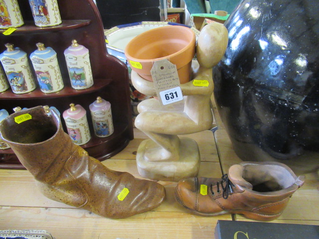 TWO STONEWARE BOOTS AND SHOE PLANTERS WITH WOODEN MAN PLANTER Image