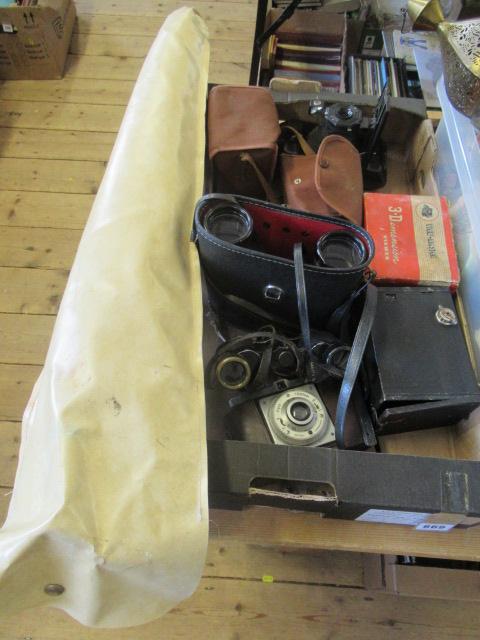 BOX OF CAMERAS BINOCULARS AND PARASOLS Image