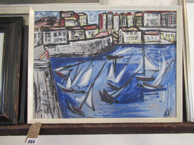 OIL ON BOARD EXPRESSIVE HARBOUR SCENE Image