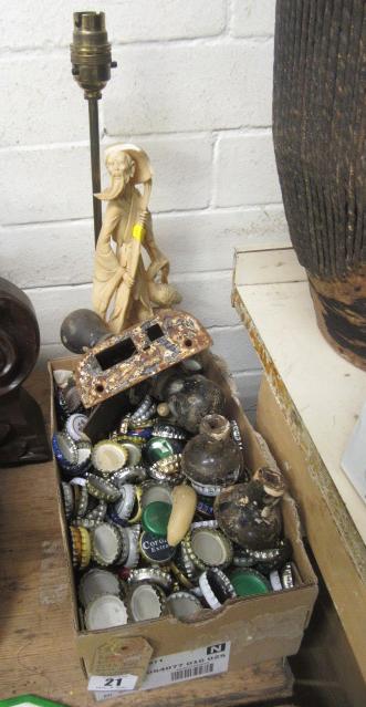 BOX OF BEER BOTTLE TOPS INCLUDING DOOR HANDLES AND LAMP Image