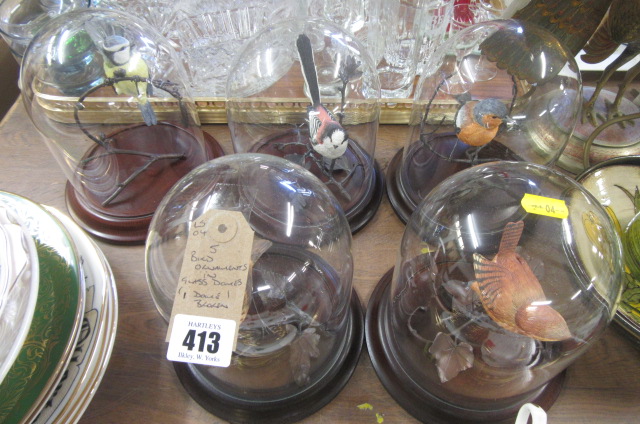 FIVE BIRD ORNAMENTS IN GLASS DOMES Image